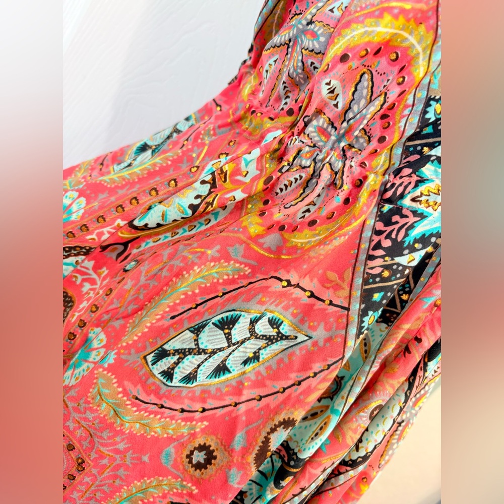 Silk Boho India Floral Gold Metallic Swimsuit Cover Up Medium - Picture 4 of 9